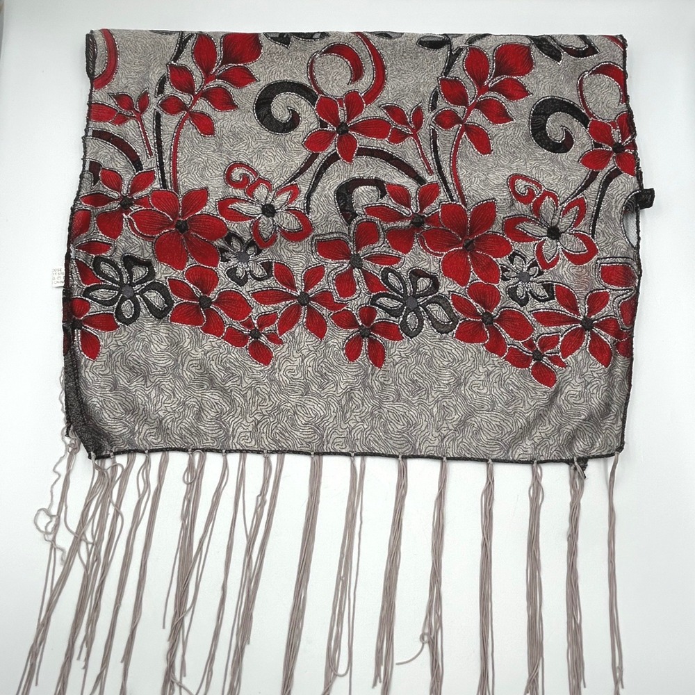 Burnout Scarf Red Silver Black Womens Floral Fringe EUC 64 x 15 Inches